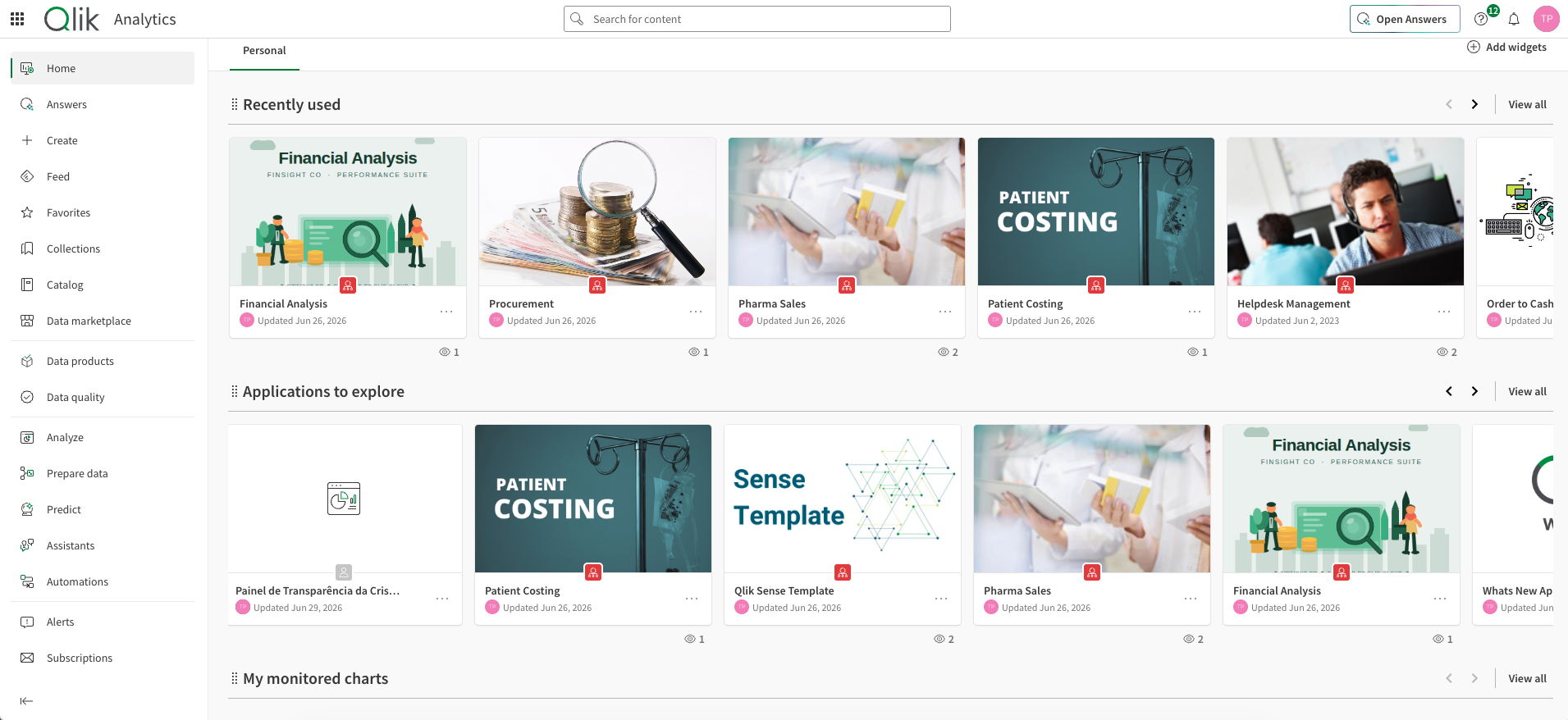 Pantalla de inicio de Qlik Cloud con varias apps y paneles disponibles.